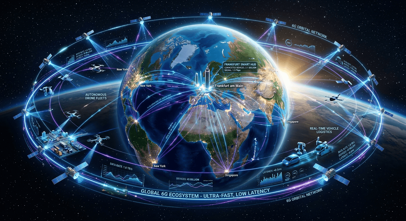 The Impact of 6G on Global Connectivity showing futuristic wireless networks and global communication in 2026